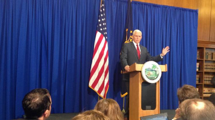 Gov. Mike Pence addresses reporters this afternoon regarding the state's RFRA statute.  - Gretchen Frazee/WFIU