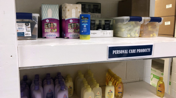 George S. Buck Elementary School in Indianapolis has a food pantry stocked with canned fruits, body wash and soups. Part of Indianapolis Public Schools' approach to mental health includes connecting families to social support. - Carter Barrett/WFYI