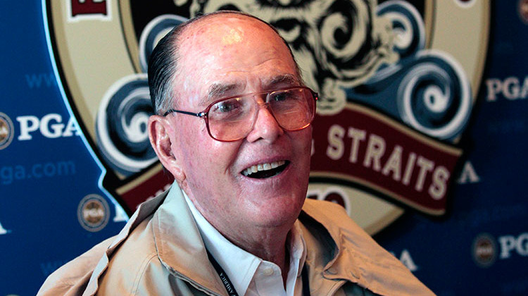 FILE - In this Aug. 12, 2012, file photo, golf course architect Pete Dye speaks at a news conference during the first round of the PGA Championship golf tournament at Whistling Straits in Haven, Wis. Dye died Thursday at age 94. He had been battling Alzheimer's disease for several years. - AP Photo/Charlie Riedel, File