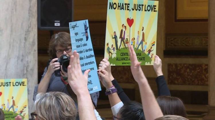 A group rallied at the statehouse on Nov. 21 in support of hate crimes legislation, which has failed to pass during previous sessions. - James Vavrek/WTIU