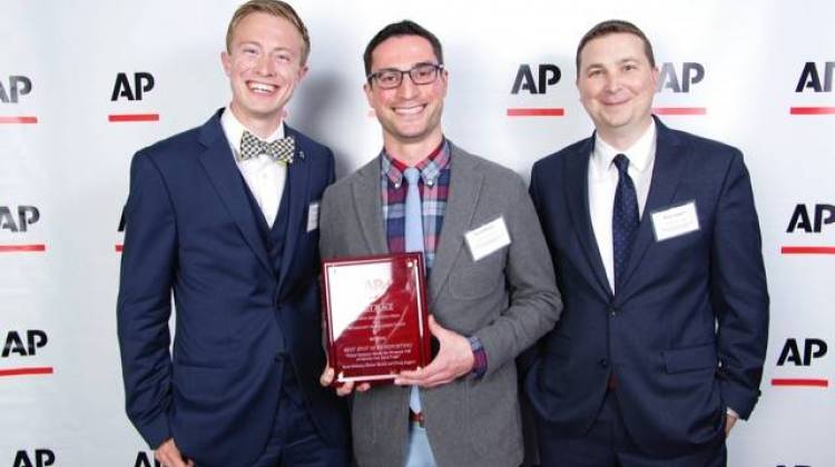 Left to right: WFYI News' Deron Molen, Ryan Delaney and Doug Jaggers won first place in spot news coverage in the 2015 Indiana AP Broadcasters awards - Photo by Darryl Smith