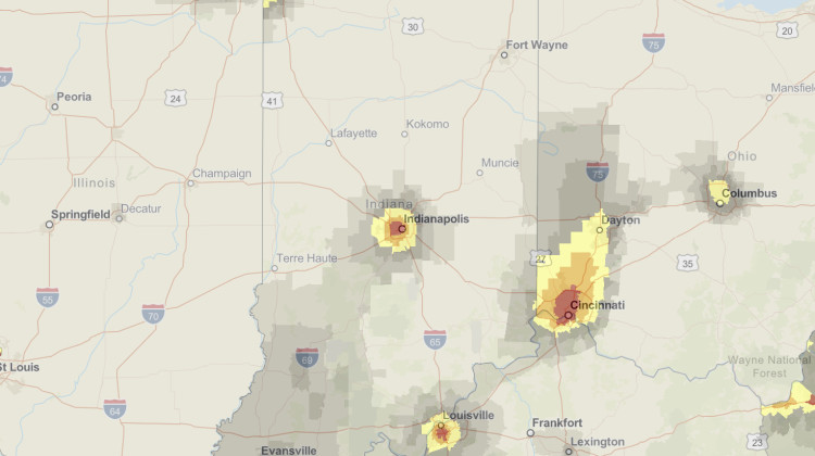 This map shows areas where particle pollution — also known as soot — is higher than the national average. Soot comes from things like cars, factories, and coal plants. - Screenshot of EPA's EJScreen tool