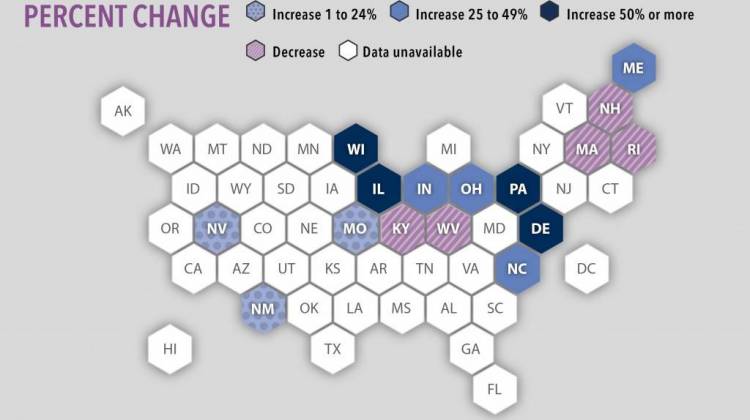 Indiana is one of eight states that have an increase of more than 25 percent in overdoses at emergency departments. - Graphic courtesy of the Centers For Disease Control and Prevention