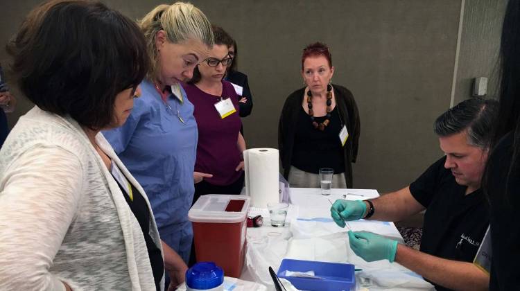 Dr. Michael Frost, medical director of Eagleville Hospital in Conshohocken, PA and consultant for Braeburn Pharmaceuticals demonstrates insertion and removal of Probuphine at FDA required training. - Karen Shakerdge