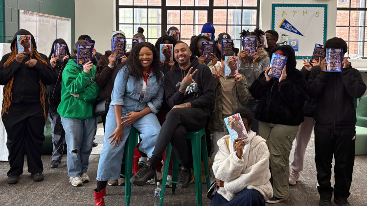 Author George M. Johnson and Project Loudmouth Founder and author Leah Johnson meet with students at Arsenal Tech High School in Indianapolis. - Provided by Leah Johnson