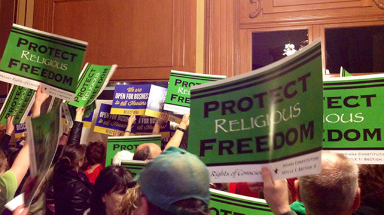 Protesters gathered in the Statehouse as lawmakers considered the state's near-total abortion ban. - Brandon Smith/IPB News