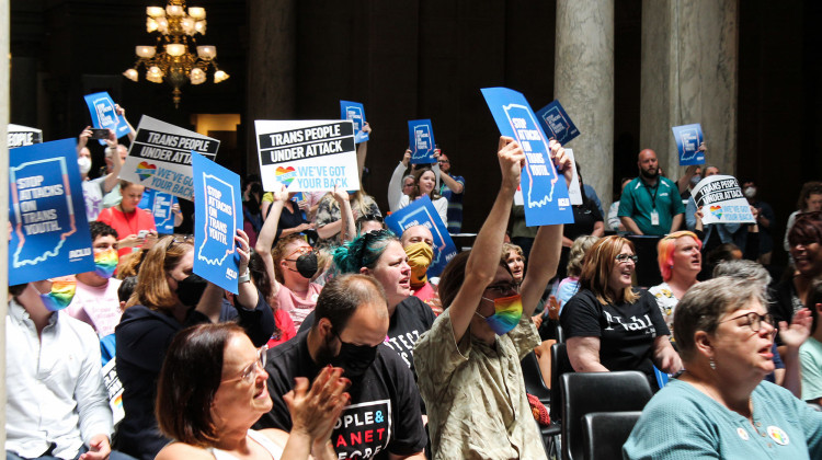 Ahead of the votes to override the governor's veto, the ACLU of Indiana and others gathered for a Let Kids Play rally at the Statehouse. - Lauren Chapman/IPB News