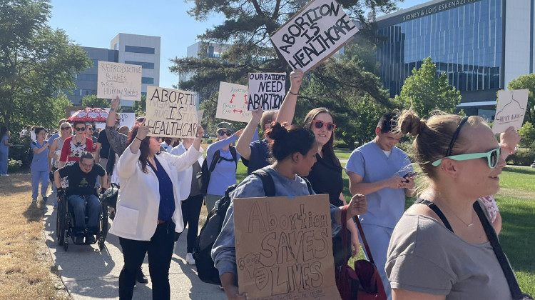Hundreds of people marched around the IUPUI medical campus in Indianapolis on June 29 in support of abortion rights. - Darian Benson/WFYI