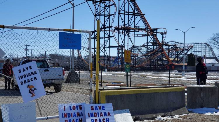 Signs left outside the main gate to Indiana Beach during the rally to save the amusement park in March. - Samantha Horton/IPB News