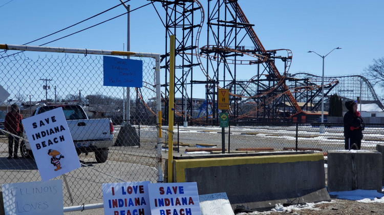 Signs left outside the main gate to Indiana Beach during the rally to save the amusement park in March. - Samantha Horton/IPB News