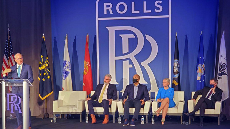 Rolls-Royce North America CEO Tom Bell gathered with state, federal and local lawmakers to celebrate the completion of the Indianapolis facilities' renovations. - Samantha Horton/IPB News
