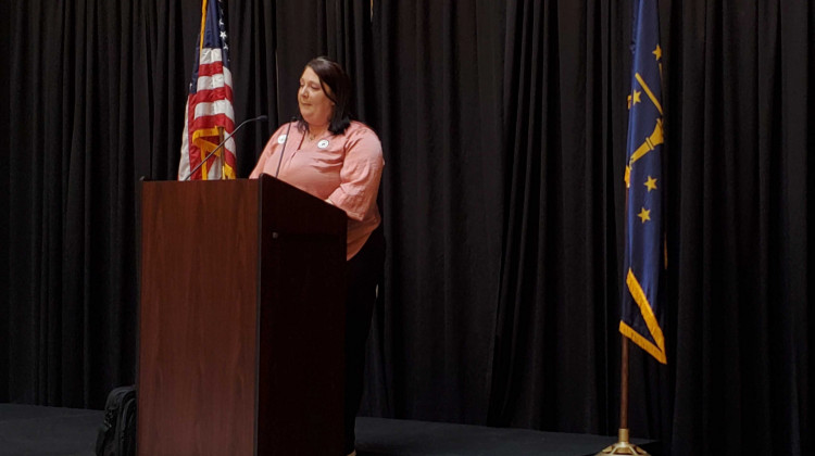 Jessica Savage, from Columbus, spoke about her personal experience being a tenant and the issues she's had with eviction at the first Tenants Day of Action at the Statehouse Thursday.  - Samantha Horton/IPB News