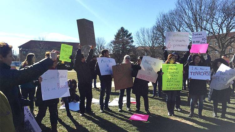 The protesters gathered at the Purdue Memorial Mall.