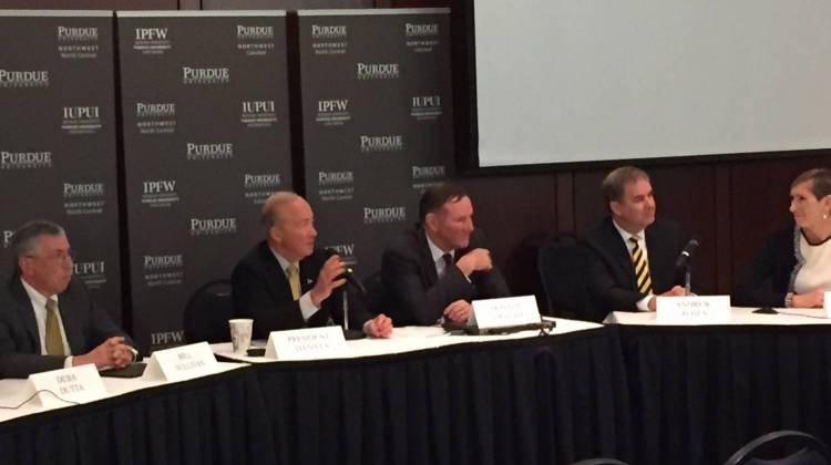 Purdue leaders announce the proposed merger earlier this year. - Chris Morisse Vizza/WBAA