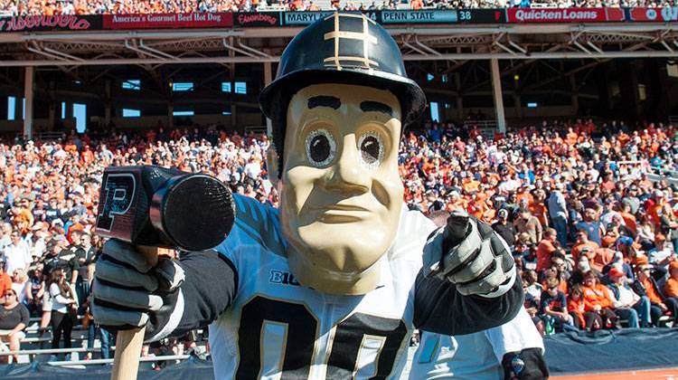 Purdue Pete, the Purdue mascot, poses on the sideline during a football game against Illinois Saturday, Oct. 8, 2016 at Memorial Stadium in Champaign, Ill. - AP Photo/Bradley Leeb