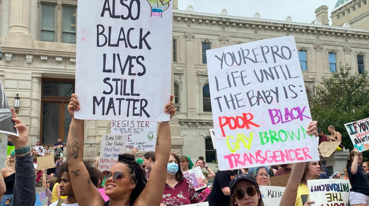 Protesters stand outside of the Indiana Statehouse on July 25, 2022, in protest of Senate Bill 1, which would ban abortion. - (Photo/Abriana Herron)