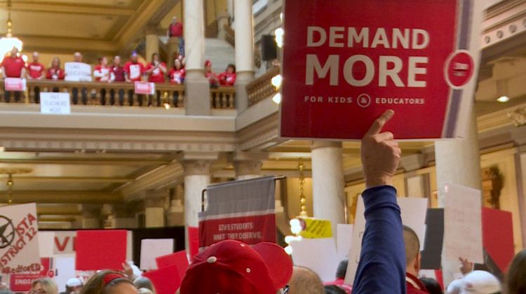 Teachers rallied at the Statehouse multiple times in 2019 to demand more school funding and compensation for teachers.  - Chelsea Wardrop/WTIU