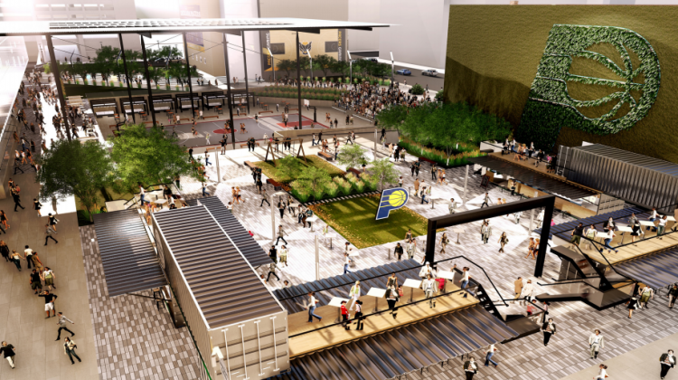 This rendition shows planned renovations for a public plaza on the north side of Bankers Life Fieldhouse. - Courtesy of Capital Improvement Board