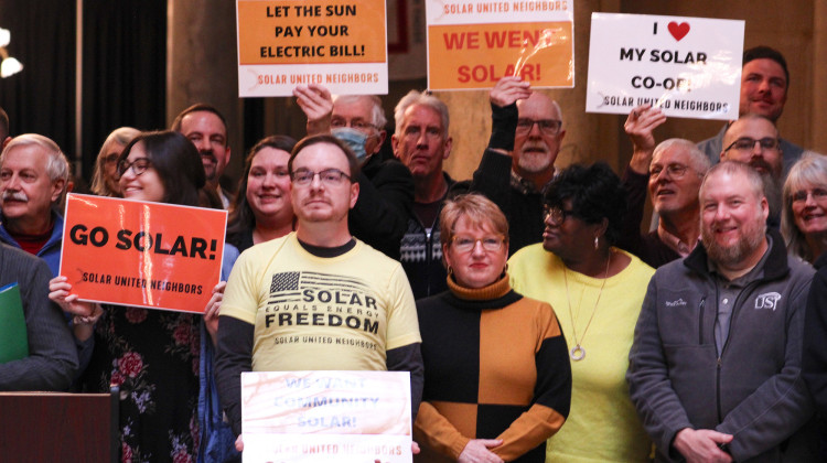 Solar advocates at the 2023 Renewable Energy Day at the Indiana Statehouse. Some speakers at the event condemned Indiana utilities' influence on lawmakers.  - Ben Thorp/WBAA