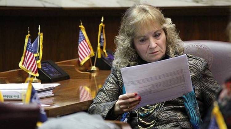 State Superintendent Glenda Ritz reads through a report drafted by her colleagues on the 2015 Blue Ribbon Commission. - Rachel Morello/StateImpact Indiana