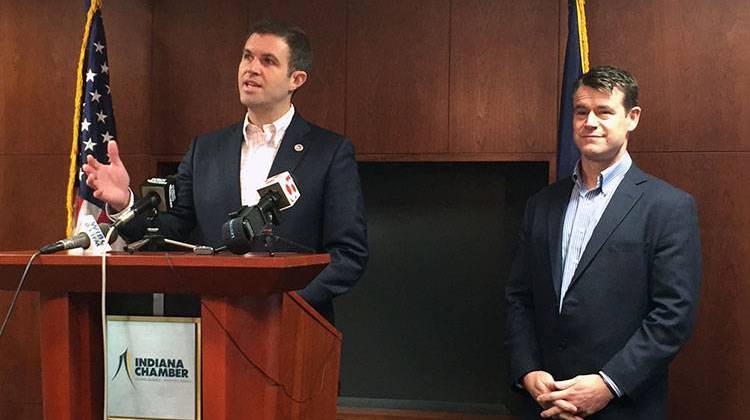 U.S. Chamber of Commerce Senior Vice President Rob Engstrom talks about his organization's endorsement of Rep. Todd Young as Young looks on. - Brandon Smith