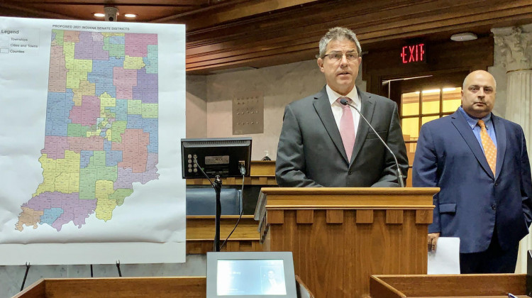 Senate President Pro Tem Rodric Bray (R-Martinsville), at the lectern, discusses the Republicans' proposed Senate redistricting map alongside Senate Elections Committee Chair Sen. Jon Ford (R-Terre Haute). - Brandon Smith/IPB News