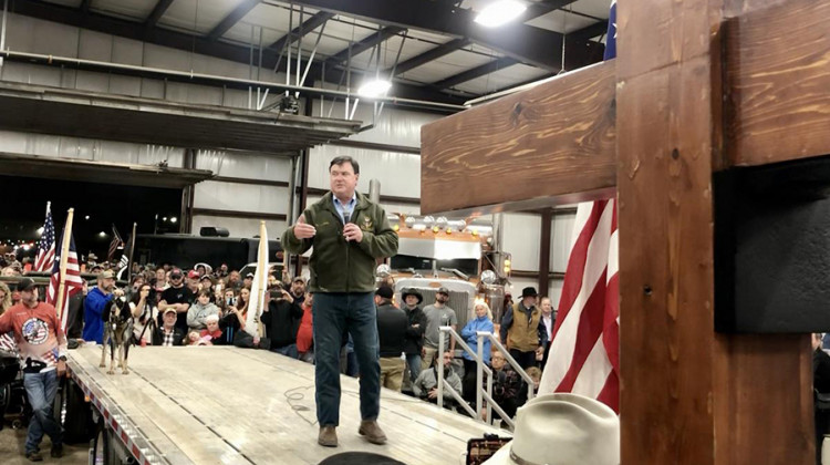 Republican Attorney General Todd Rokita speaks at the People's Convoy's "Rally for Freedom & Accountability." - Mitch Legan/WTIU-WFIU News