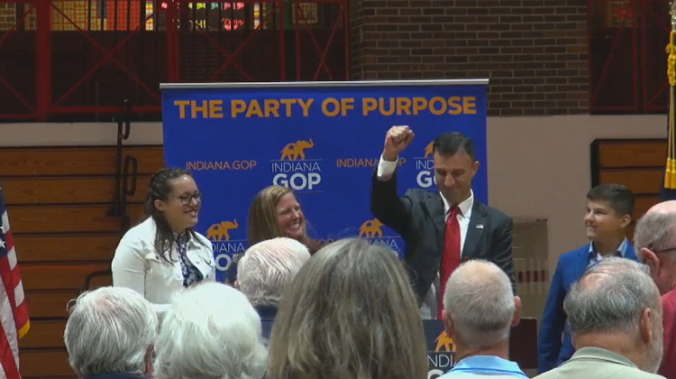 Rudy Yakym (center) celebrates with his family after winning a caucus of District 2 Republican precinct committee members on Saturday, Aug. 20. - Screenshot captured via Facebook Live