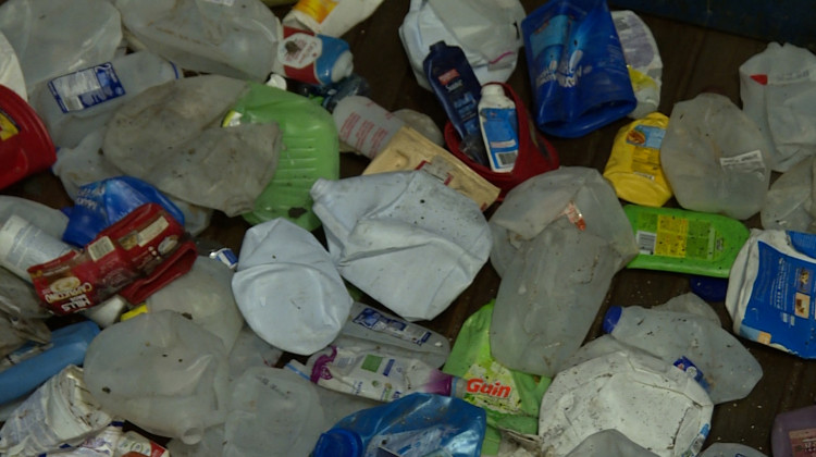 Plastic on a conveyor belt waits to be sorted at Rumpke's material recovery facility in Cincinnati, Ohio. - FILE PHOTO: Zach Herndon/WTIU