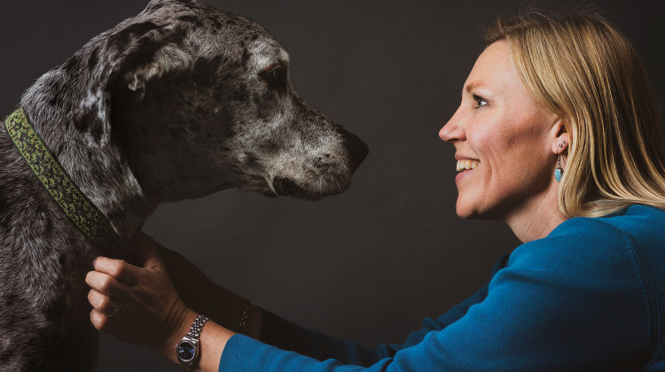 Audrey Ruple, a veterinary epidemiologist and assistant professor of One Health Epidemiology in the College of Health and Human Sciences’ Department of Public Health with Bitzer, a Great Dane. - Purdue University photo/Rebecca Wilcox