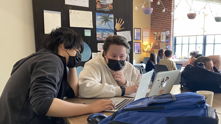 Ryan, right, works on an assignment with a classmate at the Englewood campus of Purdue Polytechnic High School on May 23, 2022 in Indianapolis. - Elizabeth Gabriel/WFYI