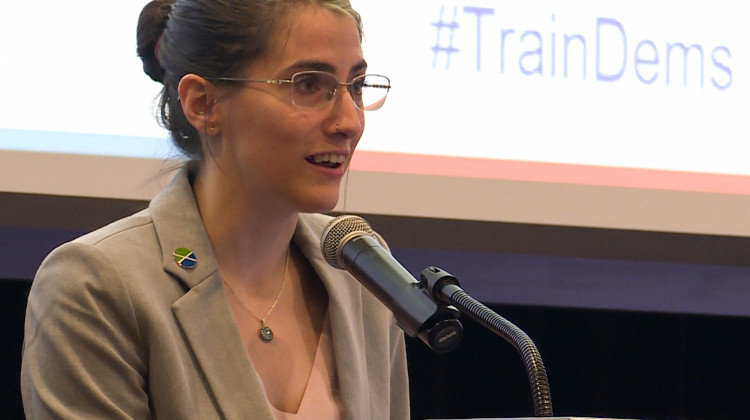 Fishers City Councilor Sam DeLong speaks at the National Democratic Training Committee and Indiana Democratic Party's one-day training Saturday.  - Lauren Chapman/IPB News