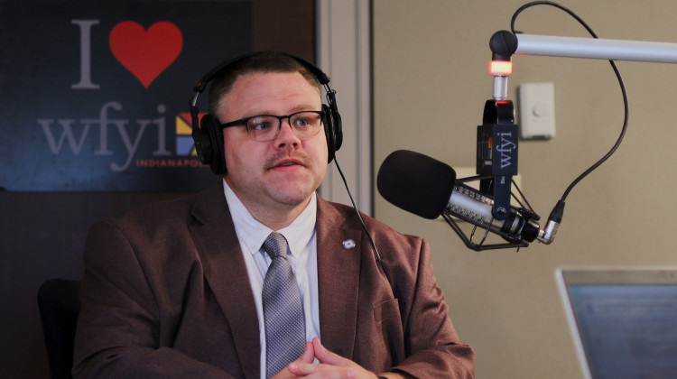 Sam Snideman with the United Way of Central Indiana in WFYI's studio on September 24, 2025. - Zach Bundy/WFYI