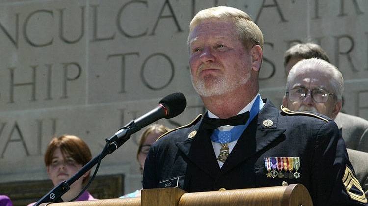Retired Sgt. Sammy L. Davis thanks the members of the law enforcement agencies who found and returned his Medal of Honor, which had been stolen, during a re-presentation ceremony on July 21, 2005, in Indianapolis. Gov. Eric Holcomb has announced Davis will receive Indiana’s highest honor, the Sachem Award, during a ceremony in March. - AP Photo/John Harrell