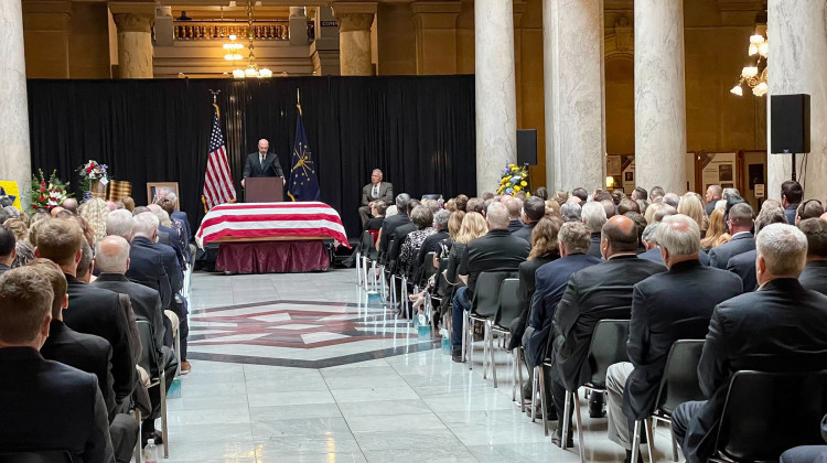 State Senator Jack Sandlin's body lay in state in Indiana Statehouse atrium during a service Friday, Sept. 29 2023. Sandlin died Sept. 20 at age 72. - Darian Benson / WFYI