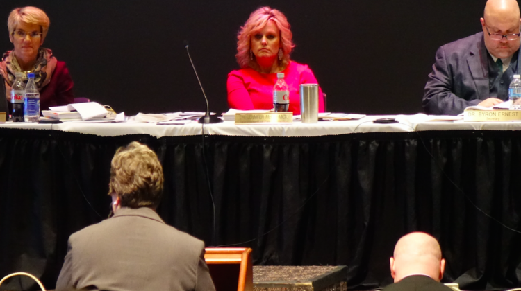 State Superintendent Jennifer McCormick listens during five hours of public comment about the proposed graduation pathways at the State Board of Education meeting Wednesday, Dec. 6, 2017.  - Eric Weddle/WFYI Public Media