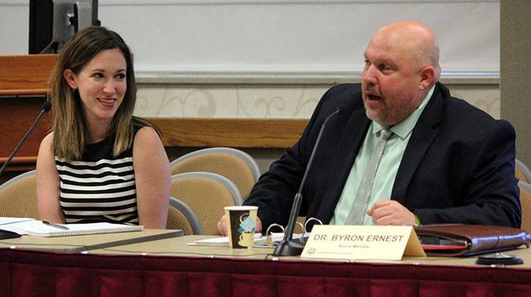 Reappointed board member Sarah Oâ€™Brien and new board member Byron Ernest at the June State Board of Education meeting. - Rachel Morello/StateImpact Indiana