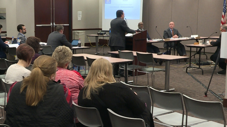 A handful of CTE and FCS teachers listen to state officials discuss the DWD's funding framework that the state board approved at its final meeting of 2019 - Jeanie Lindsay/IPB News