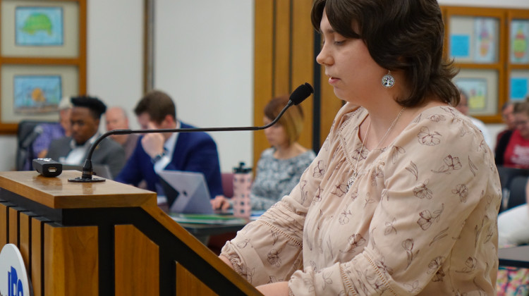 School 67 parent Angela Cordova speaks to the IPS School Board on Tuesday, Jan. 28, 2020. She says the administration is at fault if they believe the school needs to be restarted. - Eric Weddle/WFYI News