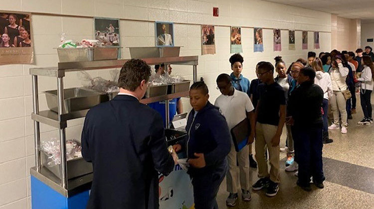 Students line up to grab a free breakfast at the School City of Hammond.  - (Submitted photo)