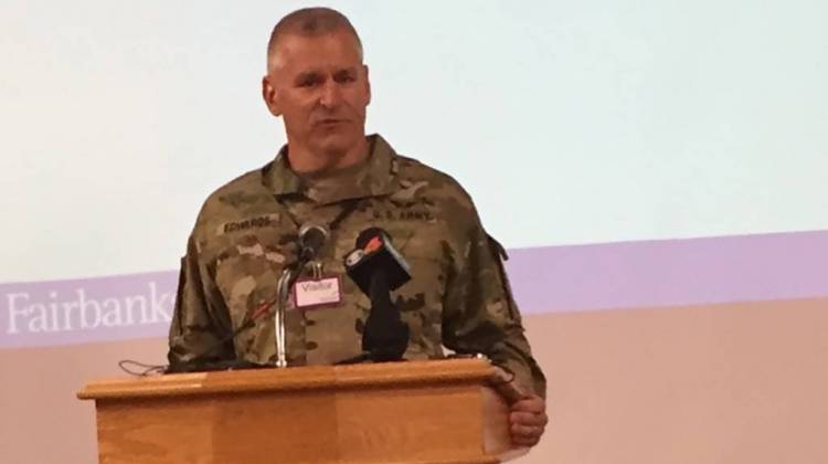 Indiana National Guard behavioral health officer Maj. Scott Edwards speaks at Fairbanks. - Jill Sheridan/IPB News