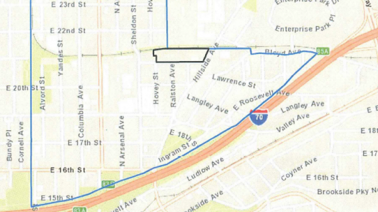 The EPA will target homes with high levels of lead in the soil in the area bounded by a blue line on this map - Environmental Protection Agency