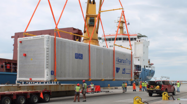 neutrino detector called ICARUS is offloaded at Indiana's Burns Harbor en route to Fermilab in Illinois. -  Courtesy CERN and Ports of Indiana