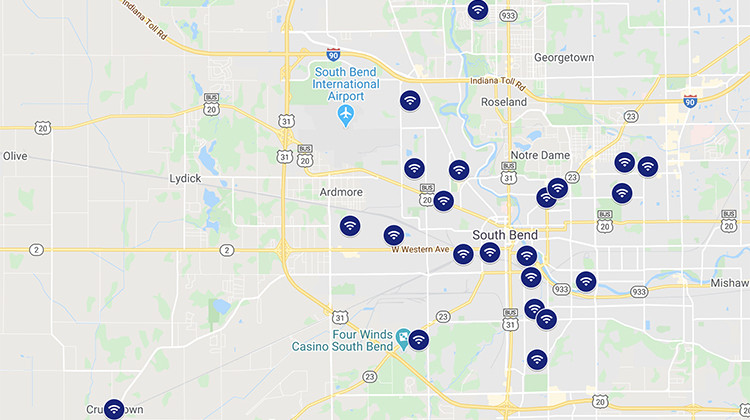 The map of where South Bend's WiFi buses are on Mondays. - South Bend Community School Corporation