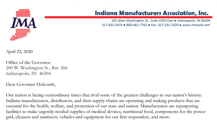 The letter the Indiana Manufacturers Association sent Gov. Eric Holcomb on April 22.  - Provided by the Indiana Manufacturers Association