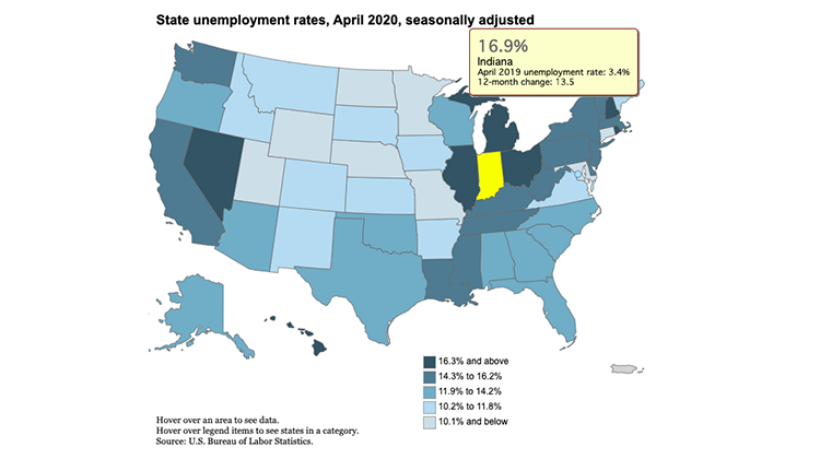 A chart from the Bureau of Labor Statistics showing April 2020 unemployment rates across the nation. - Courtesy of BLS
