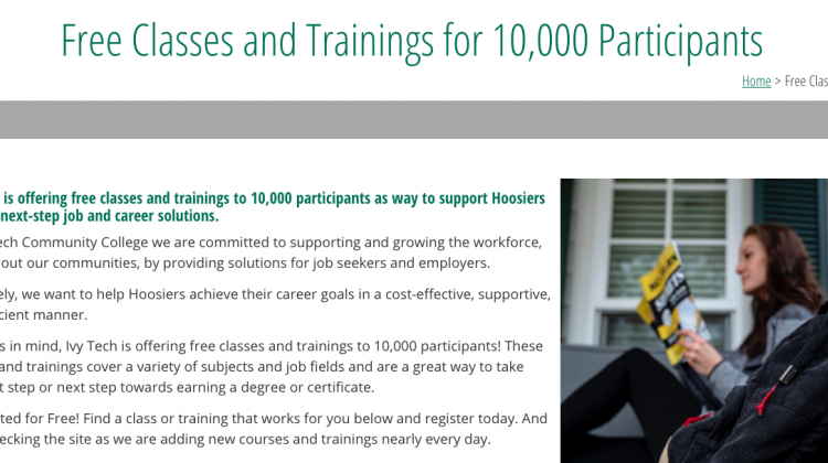 Ivy Tech Community College Offering Free Job Training For 10,000 Hoosiers - A screenshot of the Ivy Tech website with information and registration details for the free trainings. (Justin Hicks / IPB News)