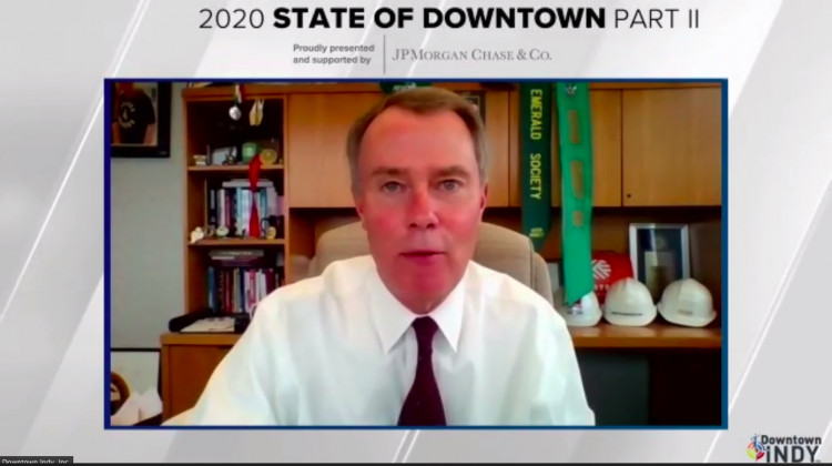 Indianapolis Mayor Joe Hogsett highlighted areas where the city is investing to help -- including public safety, outreach efforts for people experiencing homelessness -- during a second installment of the State of Downtown. - Screenshot of 2020 State of Downtown Part II