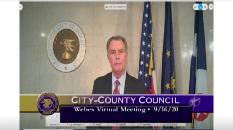 Mayor Joe Hogsett adresses a special council meeting.  - screen shot of virtual meeting