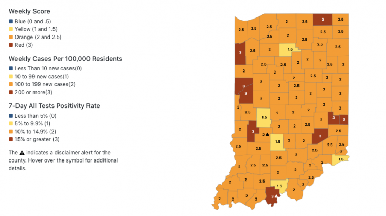 Almost all of Indiana's counties are now at risk of at least moderate to high spread of COVID-19. - Courtesy of the State Department of Health